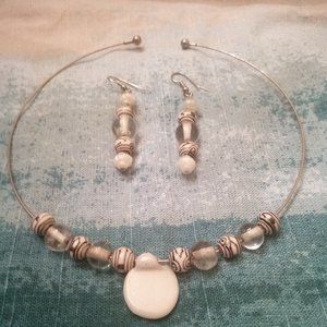 Handcrafted Necklace & Earrings Set in White & Brown